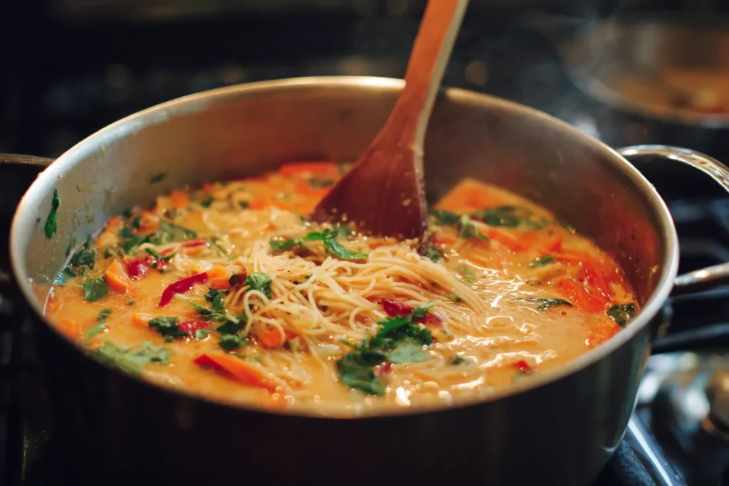 Hand stirring Thai coconut curry soup in a pot with creamy red curry broth, noodles, and vegetables on the stove