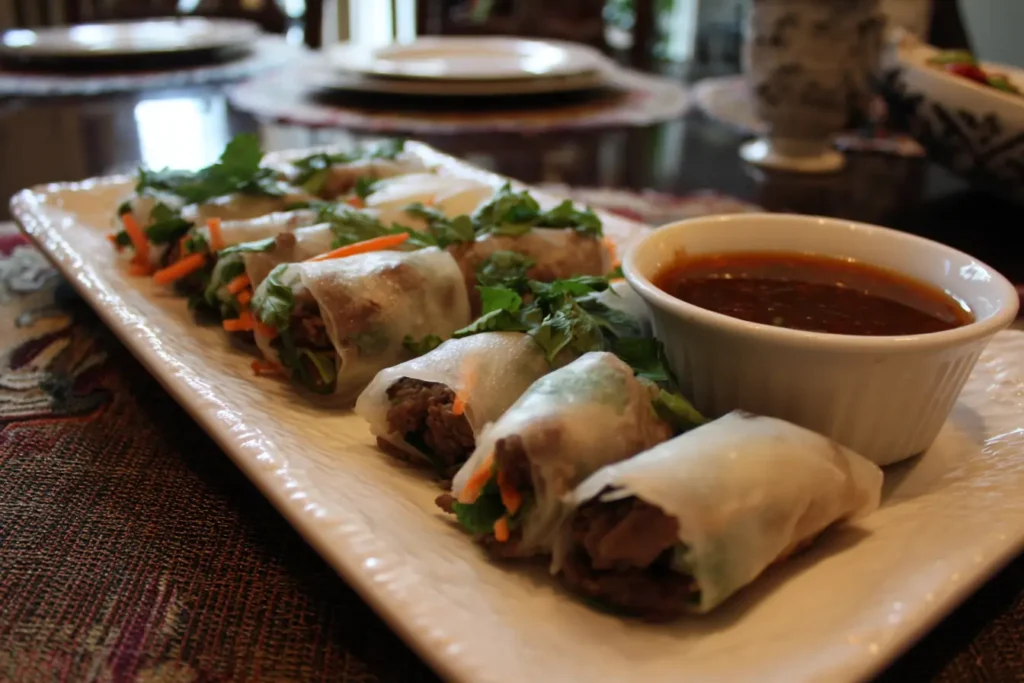 Thai basil beef rolls arranged on a serving platter with a small bowl of hoisin-peanut dipping sauce.