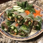 Thai Basil Beef Rolls finished dish for recipe card