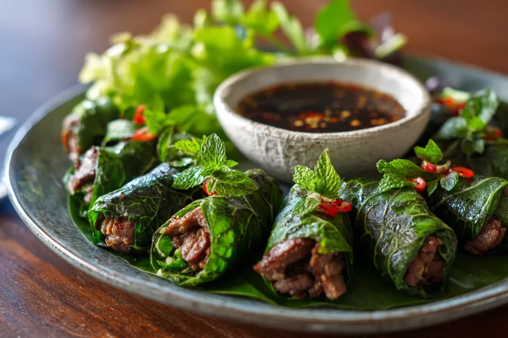 Homemade Thai basil beef rice paper rolls on a platter for a casual dinner party setup.