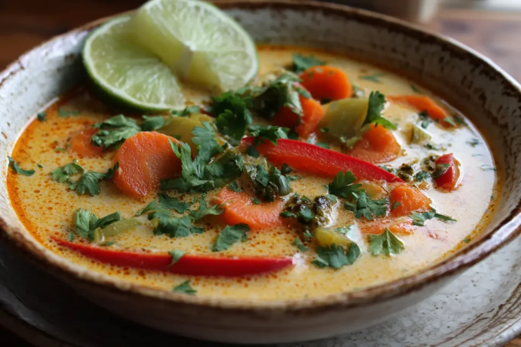 Thai coconut curry soup in a rustic bowl with vegetables, cilantro, and lime wedges, steaming in natural window light