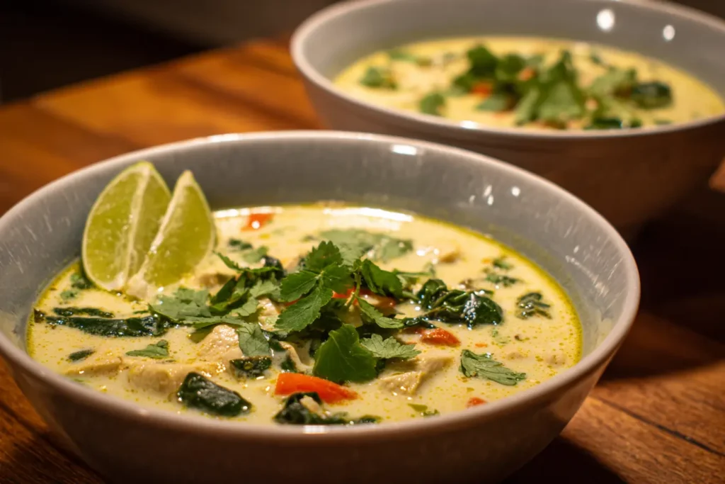 Thai coconut curry soup simmering in a pot with rice noodles and vegetables in a cozy home kitchen