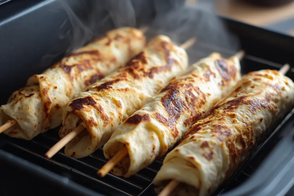 Air fryer tortilla skewers just removed from the air fryer basket on a kitchen counter