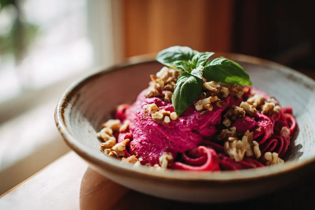 Vegan beet pasta with creamy pink sauce topped with toasted walnuts and fresh basil in a rustic bowl.