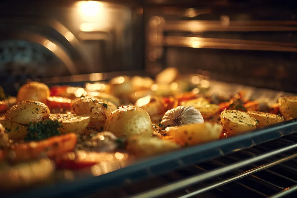 Vegetables roasting on a sheet pan in the oven with garlic caramelizing and edges browning