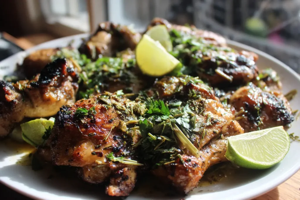 Vietnamese lemongrass chicken thighs on a plate with fresh herbs and lime wedges