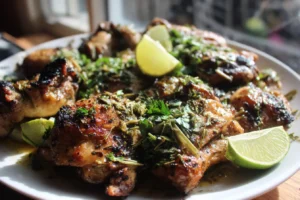 Vietnamese lemongrass chicken thighs on a plate with fresh herbs and lime wedges
