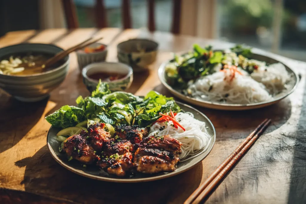 Vietnamese lemongrass chicken served with vermicelli noodles, herbs, and pickled vegetables