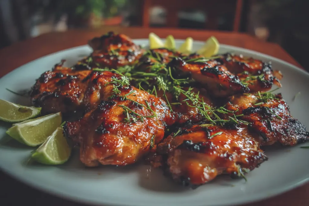Homemade Vietnamese lemongrass chicken thighs with herbs and lime in a cozy kitchen setting