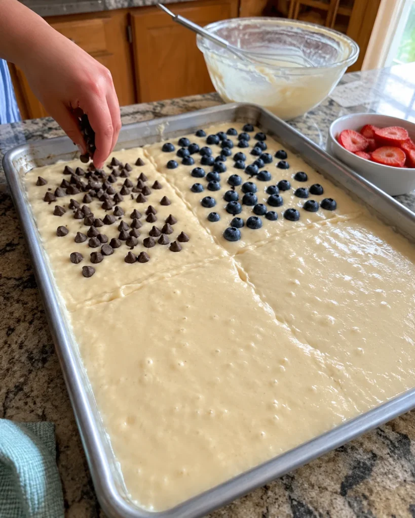 Adding chocolate chips and blueberries to Sheet Pan Pancake batter before baking