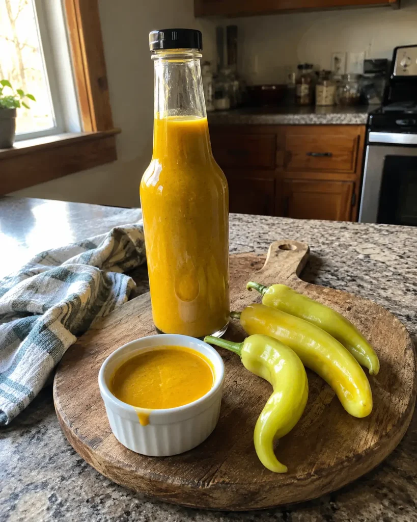 Homemade banana pepper hot sauce in a glass bottle on a wooden cutting board with fresh peppers