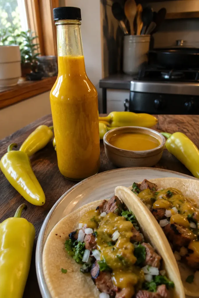 Bottle of banana pepper hot sauce next to tacos drizzled with golden sauce
