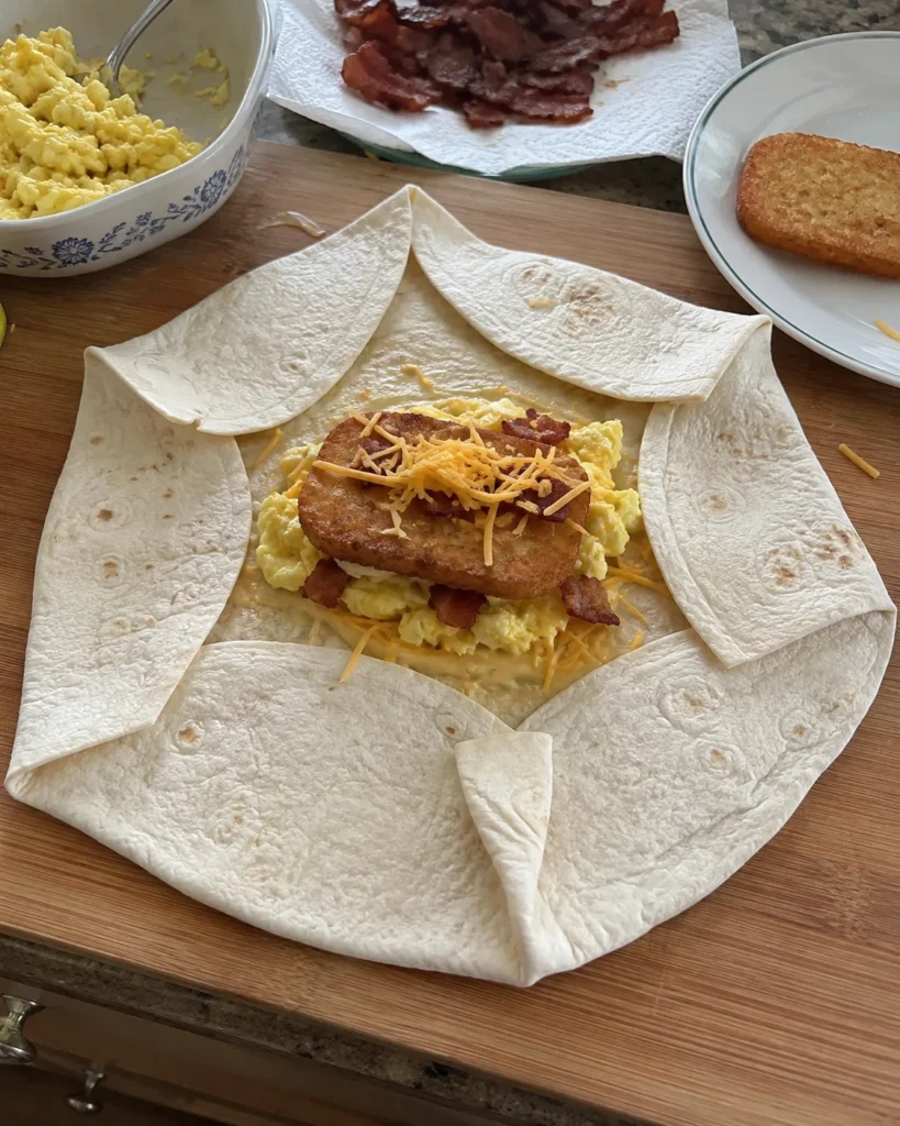How to fill and fold a Breakfast Crunchwrap before skillet cooking