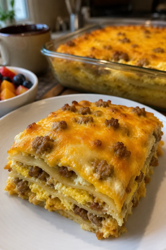 Easy Breakfast Lasagna with sausage and scrambled eggs served for brunch