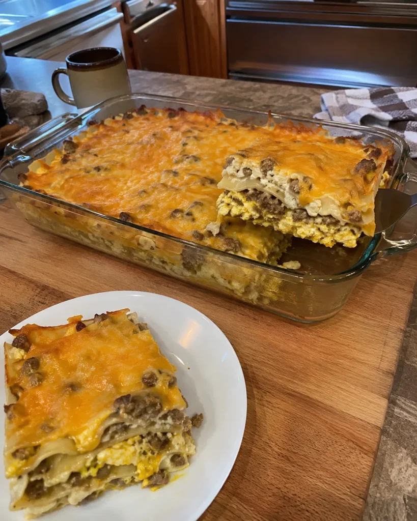 Breakfast Lasagna sliced in a baking dish showing layers of sausage eggs and cheese