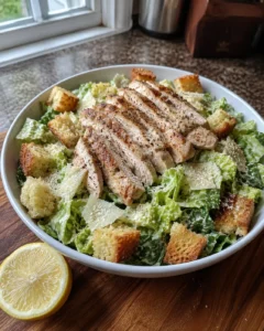 Caesar Chicken Salad in a large bowl with sliced chicken, croutons, and shaved Parmesan