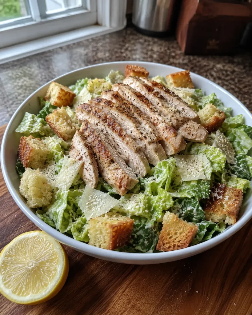 Caesar Chicken Salad in a large bowl with sliced chicken, croutons, and shaved Parmesan