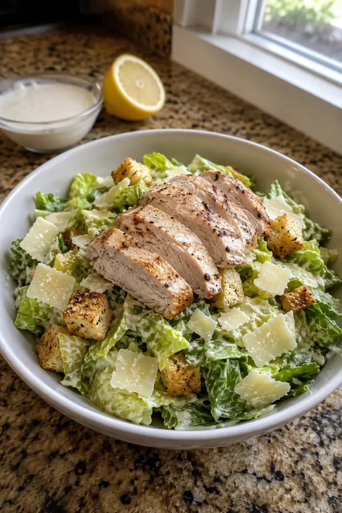 Vertical photo of Caesar Chicken Salad with chicken, croutons, and Parmesan