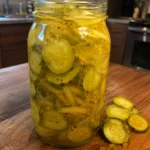 Overhead view of Tangy Bread-and-Butter Pickle Chips packed in a jar