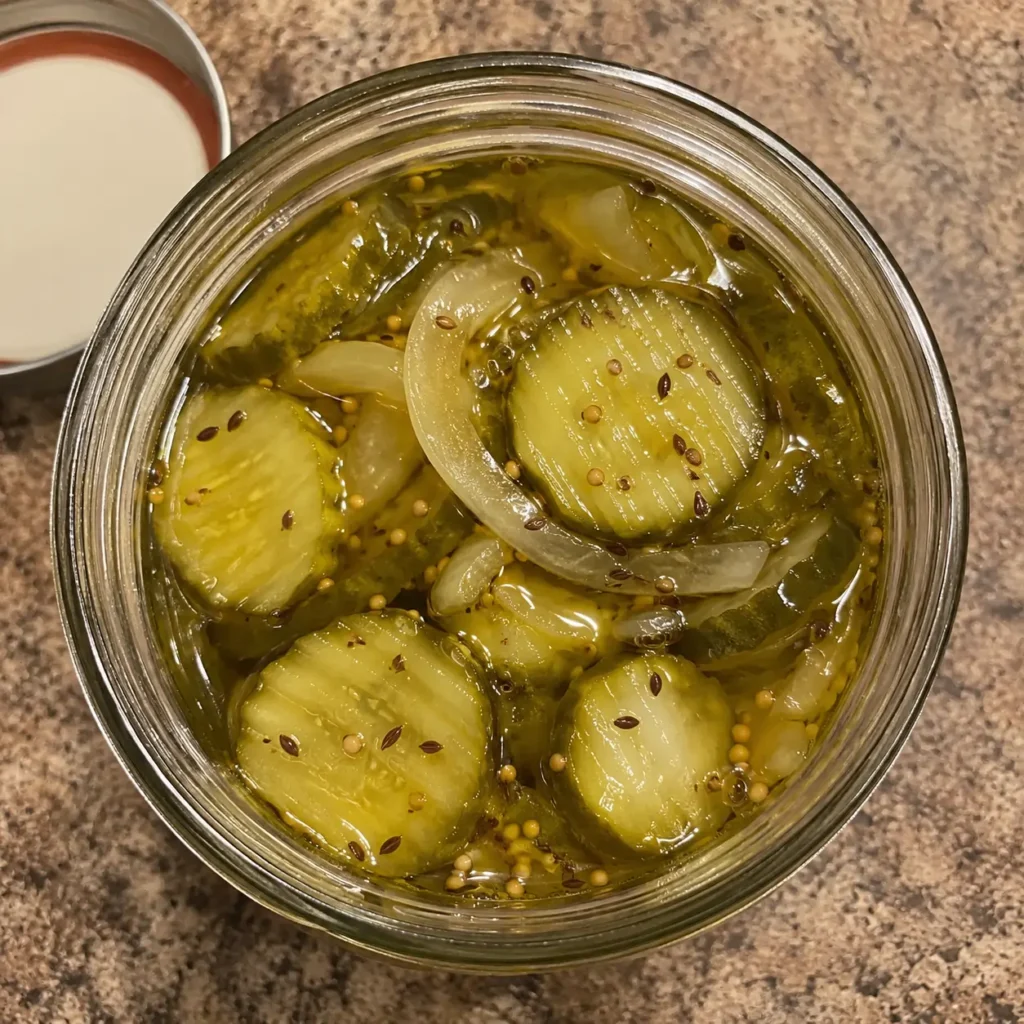 Homemade Tangy Bread-and-Butter Pickle Chips jar on a wooden table