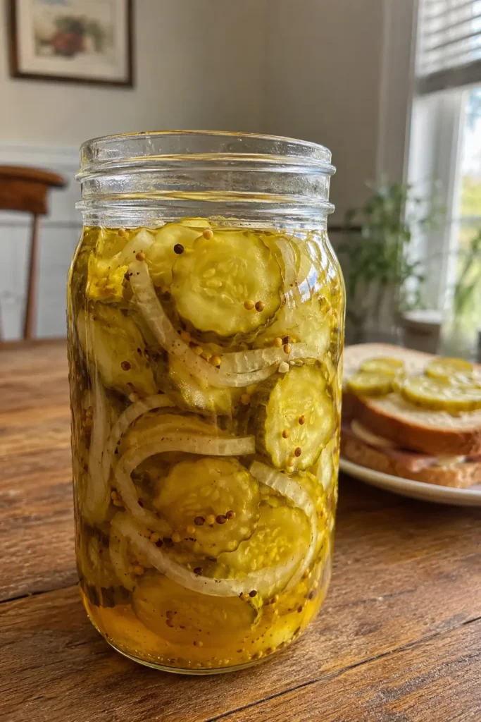 Tangy Bread-and-Butter Pickle Chips in a glass jar with onions