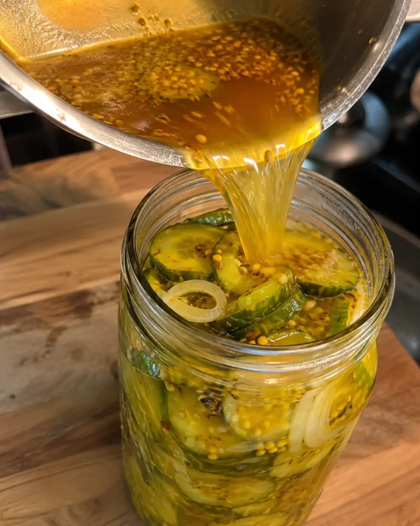 Pouring brine over Tangy Bread-and-Butter Pickle Chips in a jar