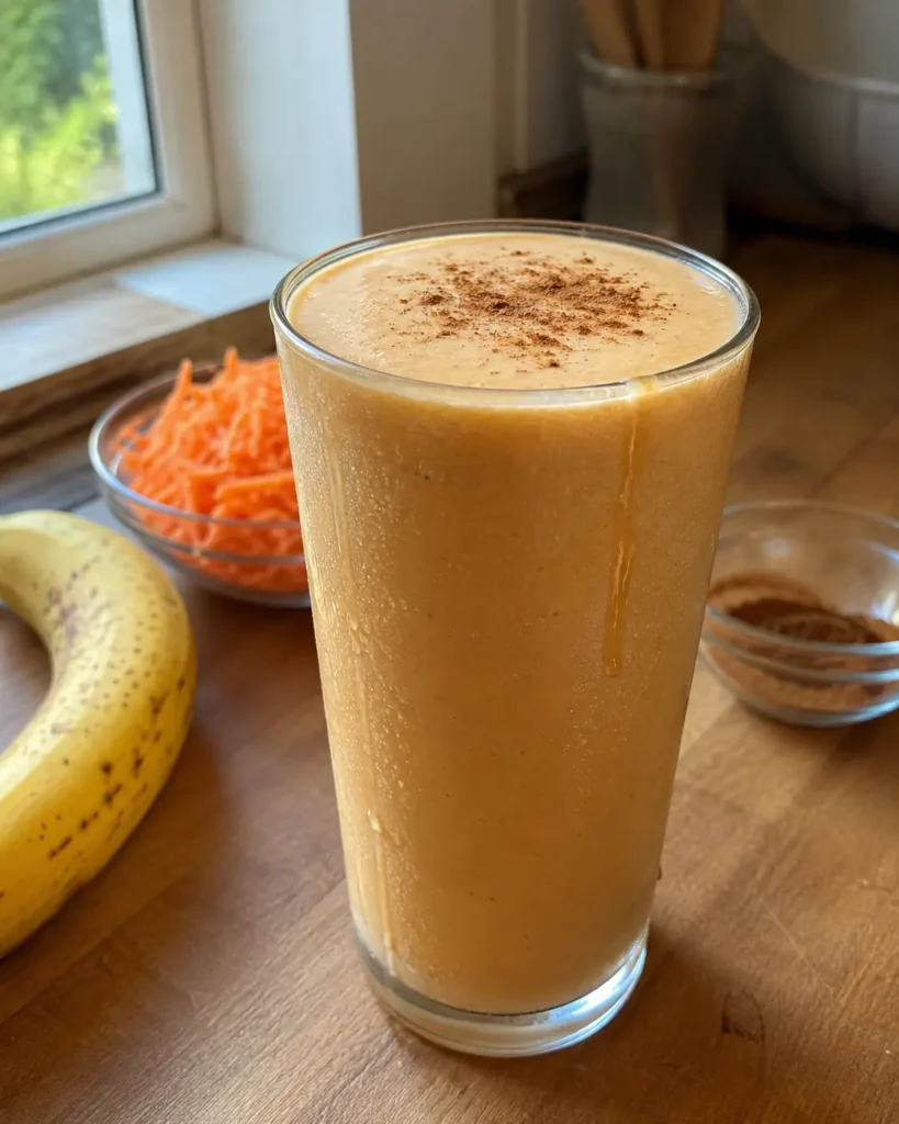 Carrot Banana Smoothie in a tall glass topped with cinnamon