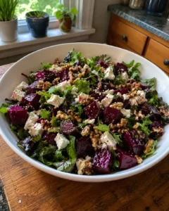 Beet Feta Salad in a white bowl with walnuts and greens