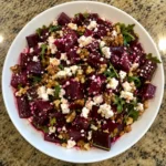 Close-up overhead view of Beet Feta Salad