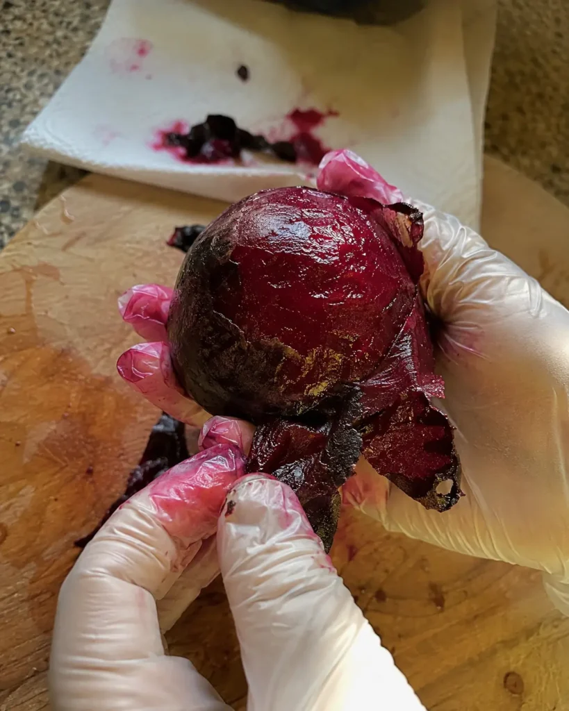 Peeling roasted beets for Beet Feta Salad