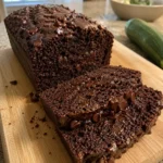 Easy Chocolate Zucchini Bread loaf with one slice cut on a light countertop