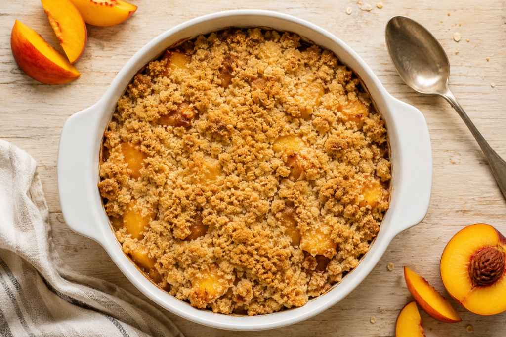 Easy peach crumble in baking dish with golden crumb topping