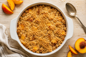 Easy peach crumble in baking dish with golden crumb topping