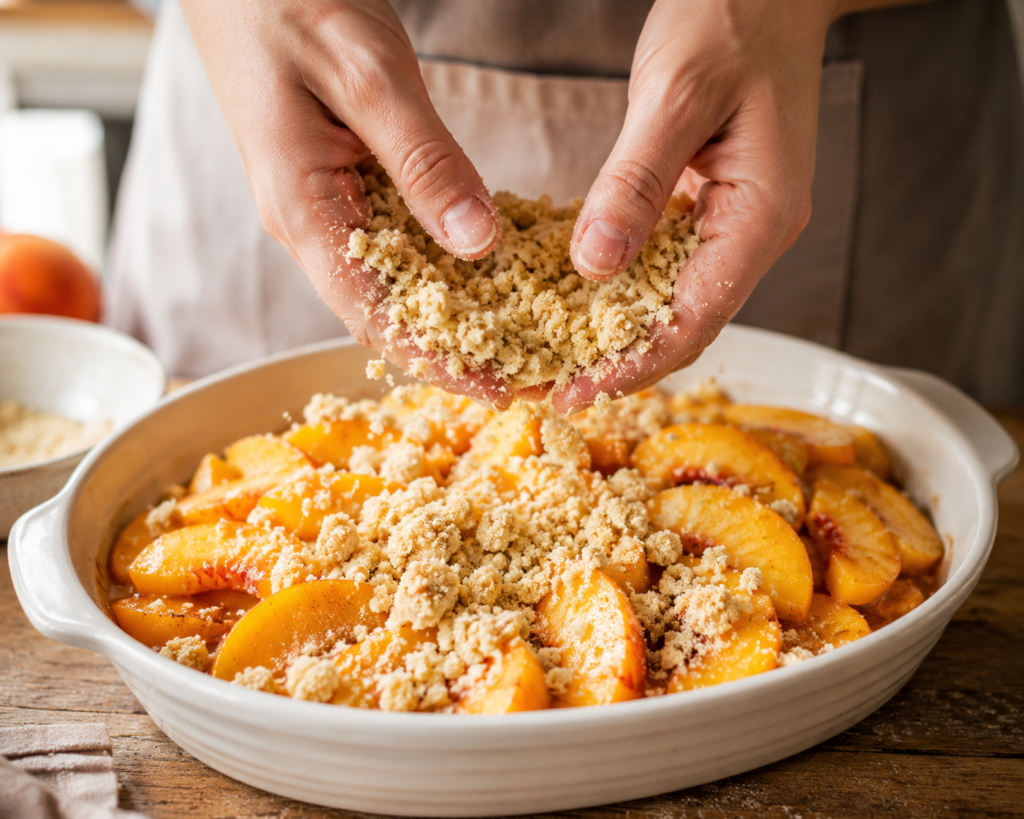 Sprinkling crumble topping over peaches for easy peach crumble