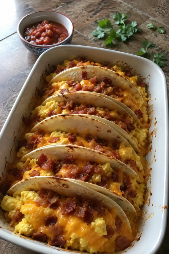 Baked Breakfast Tacos in a baking dish ready to serve