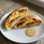 Easy Breakfast Crunchwrap halves filled with eggs, bacon, cheese, and hash brown