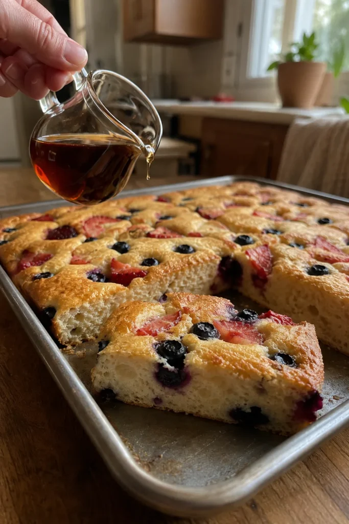 Easy Sheet Pan Pancake with berries sliced on a baking sheet