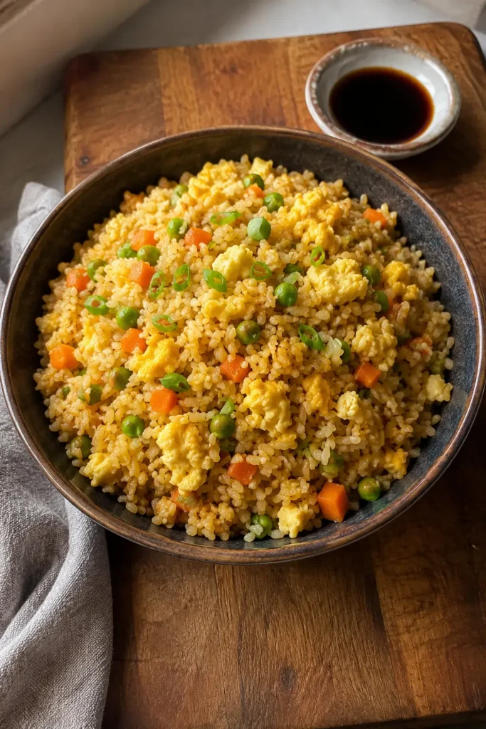 Homemade Egg Fried Rice in a dark bowl with soy sauce on the side