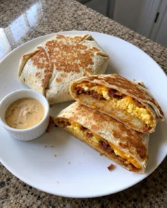 Breakfast Crunchwrap cut open with scrambled eggs, bacon, cheddar, and a crispy hash brown