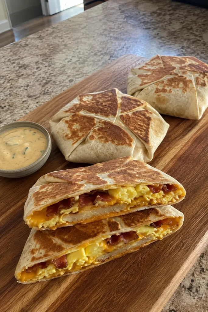Homemade Breakfast Crunchwraps with bacon, eggs, cheddar, and crispy hash browns