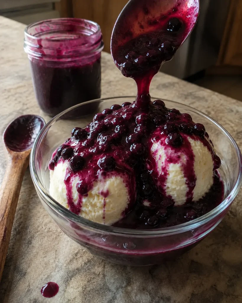 Homemade Huckleberry Sauce spooned over vanilla ice cream in a glass bowl