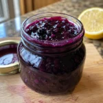 Homemade Huckleberry Sauce cooling in a glass jar on a wooden board