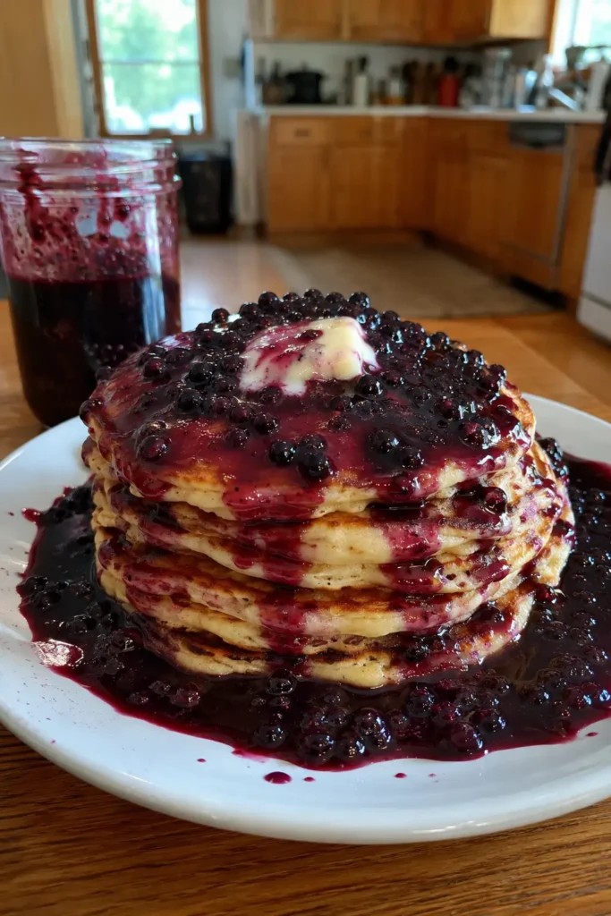 Homemade Huckleberry Sauce poured over a stack of pancakes with melting butter