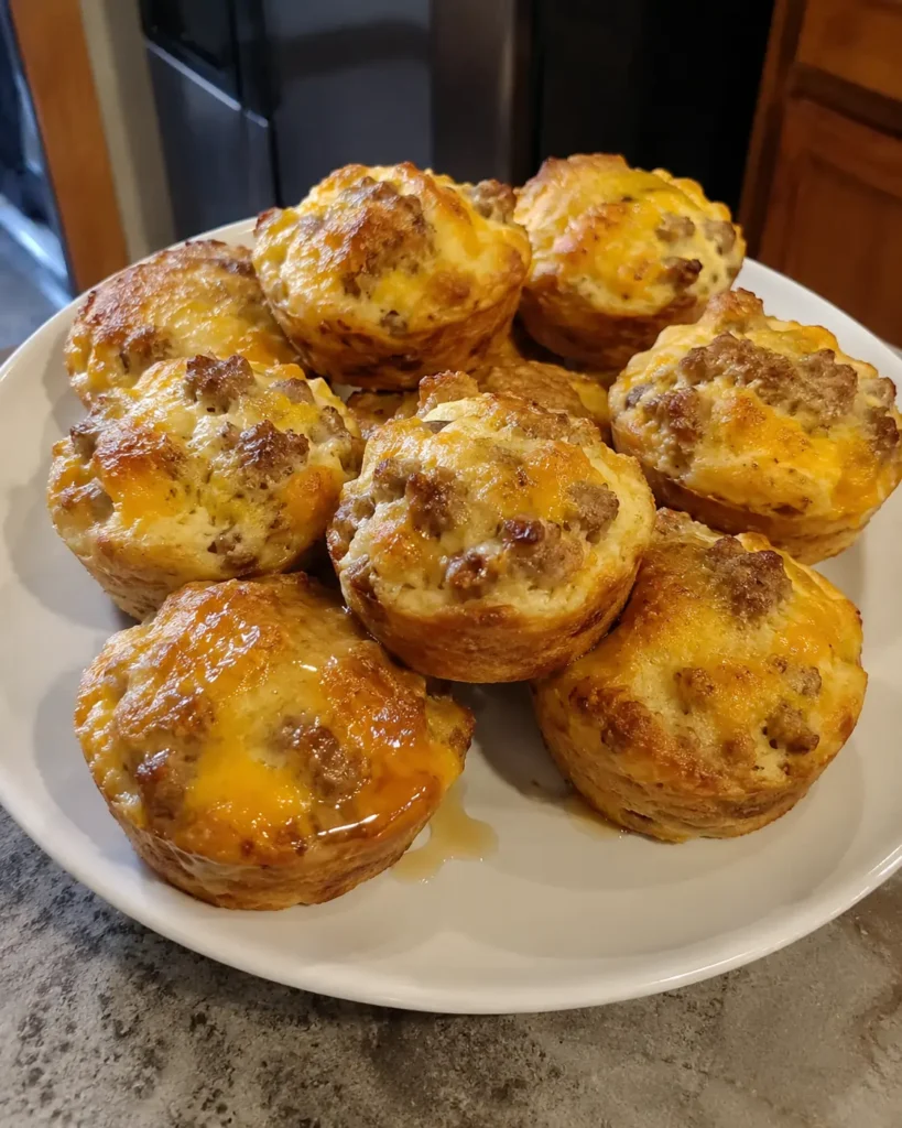 Homemade McGriddle Muffins fresh out of the oven with melted cheddar and maple syrup drizzle