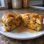 A split Homemade McGriddle Muffin showing sausage and melted cheddar inside