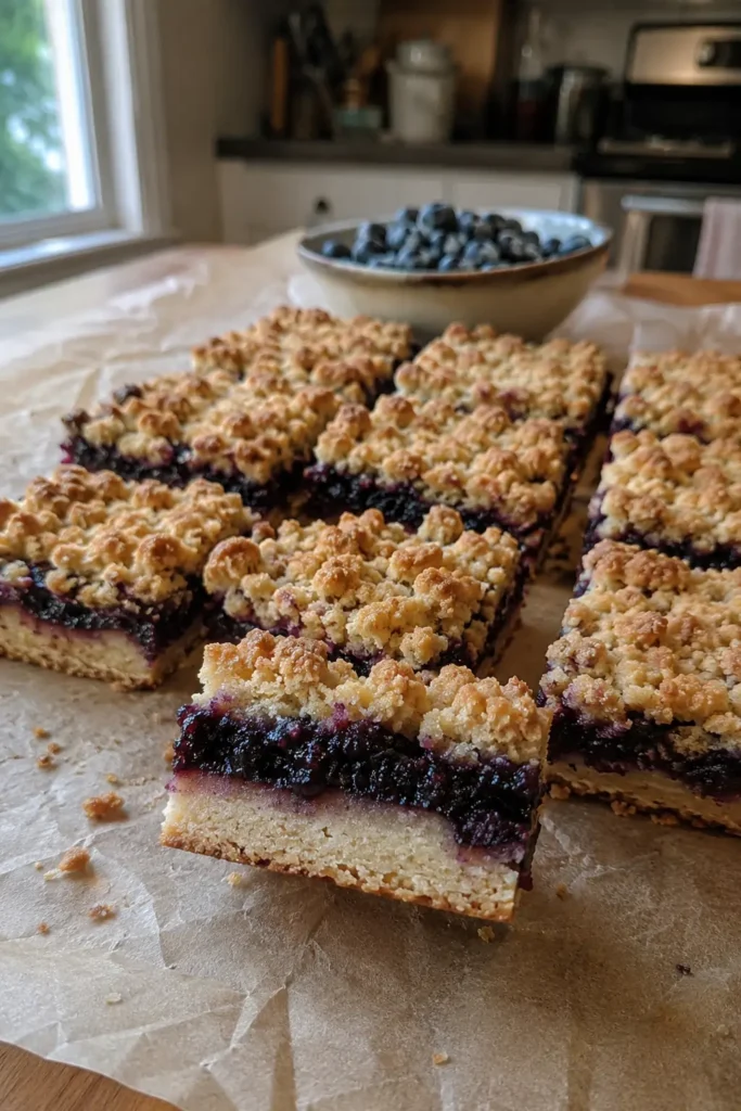 Huckleberry Crumb Bars on parchment paper with one bar standing on its side to show the layers