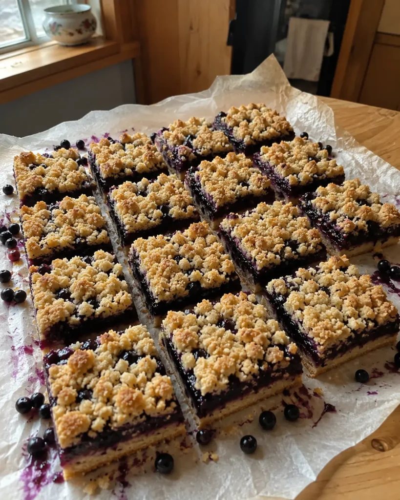 Huckleberry Crumb Bars cut into squares on parchment paper with fresh berries scattered nearby