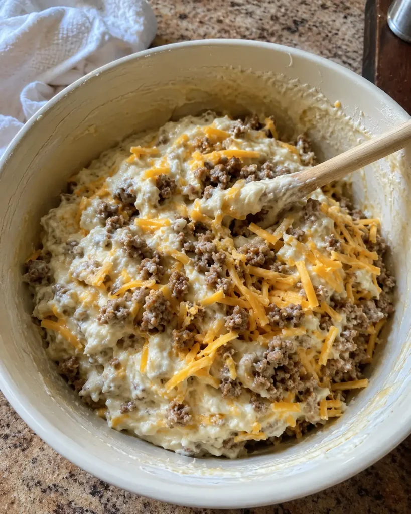 Mixing sausage and cheddar into batter for Homemade McGriddle Muffins