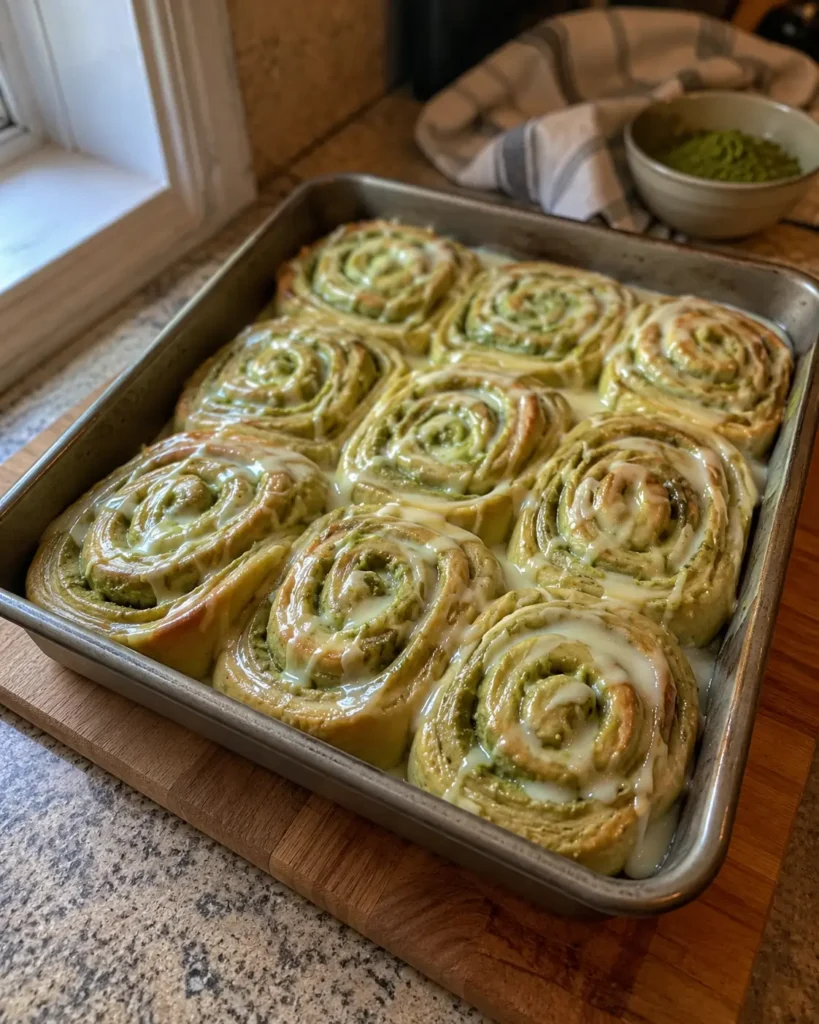 Matcha Custard and White Chocolate Rolls freshly glazed in a baking pan