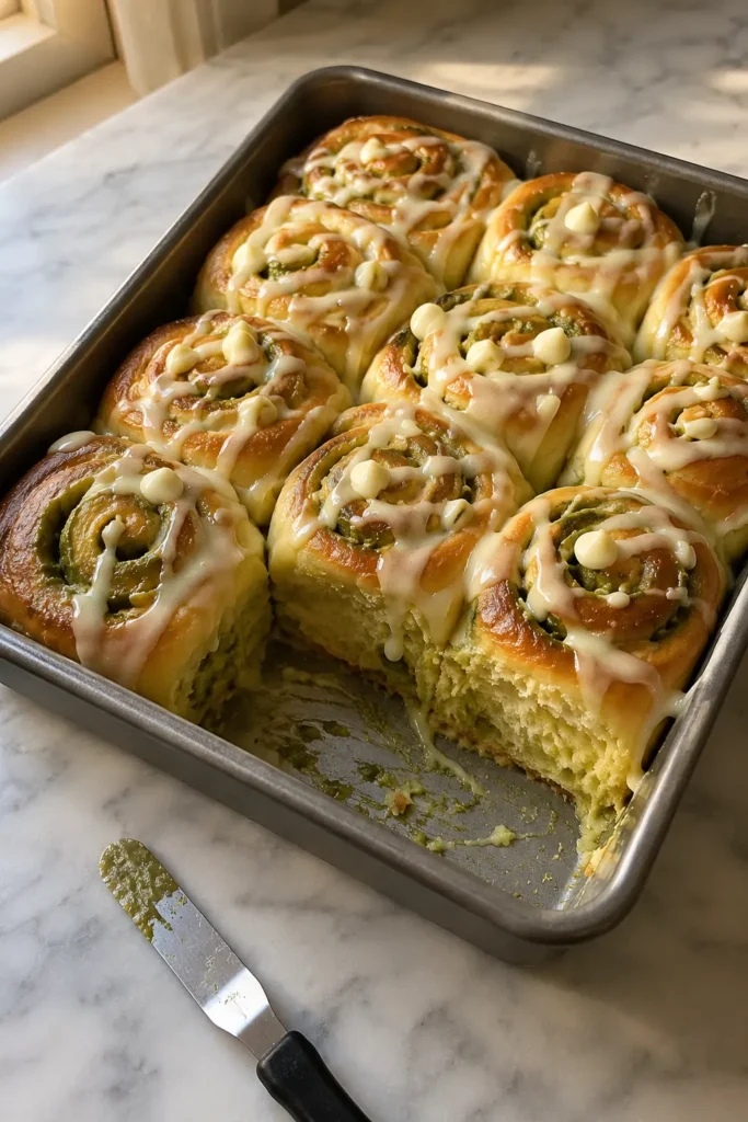 Matcha Custard and White Chocolate Rolls for Pinterest — pan of glazed rolls with one removed